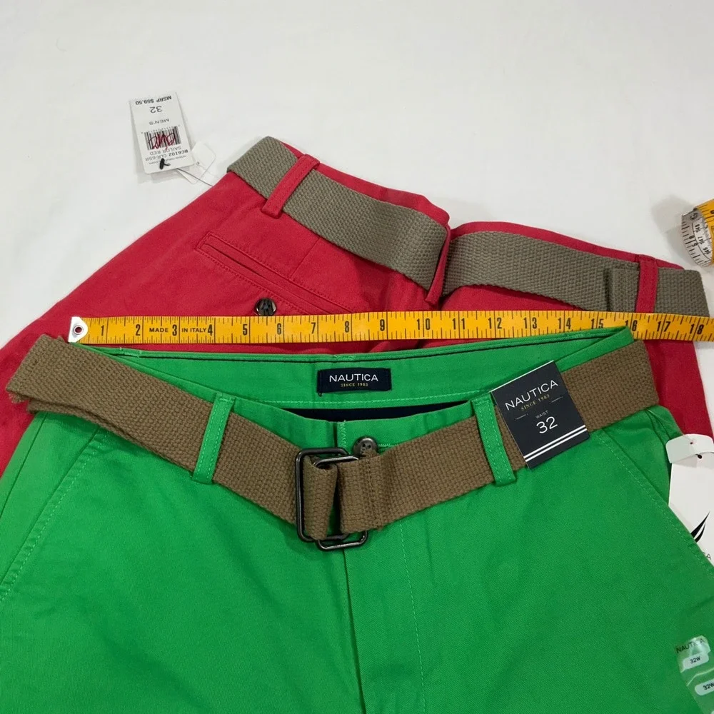 Nautica Mens 32 Chino Shorts 2 Pack Red Green Belted Flat Front BC6102 NEW